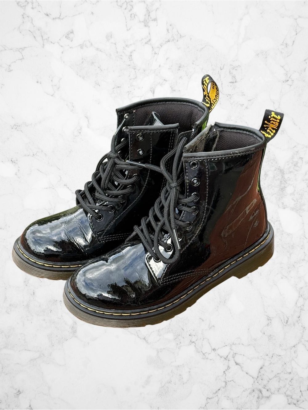 Dr. Martens Kids 3 Black Patent Lace-Up Ankle Boots with Yellow Heel Loop